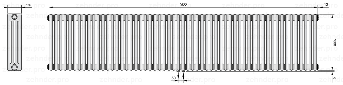 Схема (чертеж) Радиатор Zehnder Charleston 4100/57 №5410 Белый глянцевый RAL 9016